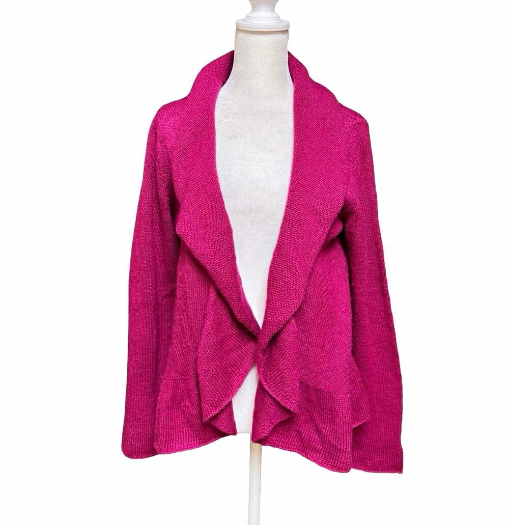 Chico’s Size 1 Fuchsia Mohair Blend Open Cardigan Sweater Draped Ruffle